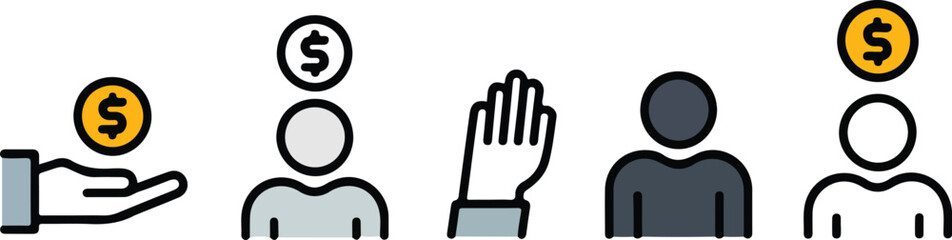 Fototapeta premium Minimalist financial transaction icon set showing money transfer process with hand coin users and dollar symbols in linear sequence
