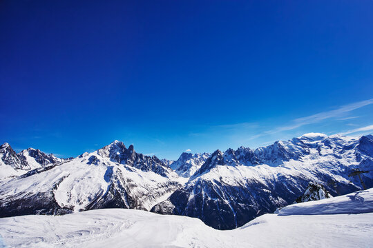 Landscape of the Chamonix-Mont-Blanc area of the French Alps, known for its extreme terrain and glaciers