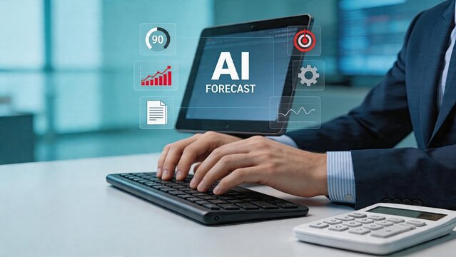 Businessman typing on tablet with AI forecast concept futuristic interface showing data analytics and growth charts for financial planning modern office setting with calculator