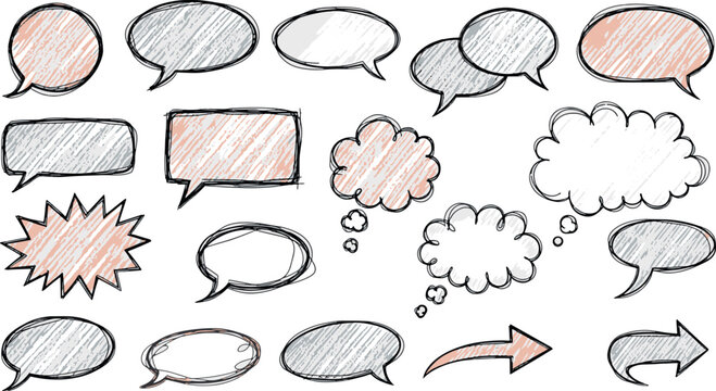 Collection of hand drawn sketch speech bubbles and thought clouds in pencil style with orange and gray shading vector illustration