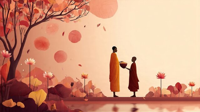 Two monks sharing offering in lotus garden