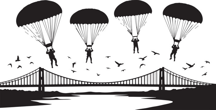 Parachuting, skydiving, black silhouette, vector illustration, adventure sports, bridge landscape