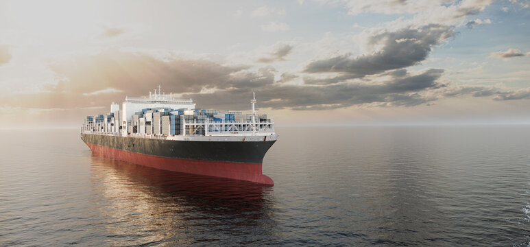 Container cargo ship on ocean at sunset with dramatic sky, global logistics and shipping