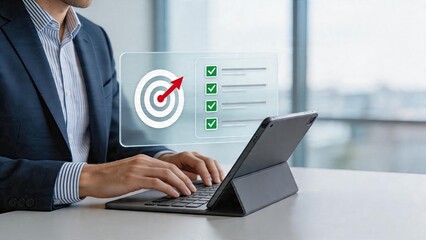 Fototapeta premium Businessman typing on tablet digital hologram of goal target and checklist with green checkmarks business strategy planning KPI performance metrics management concept office