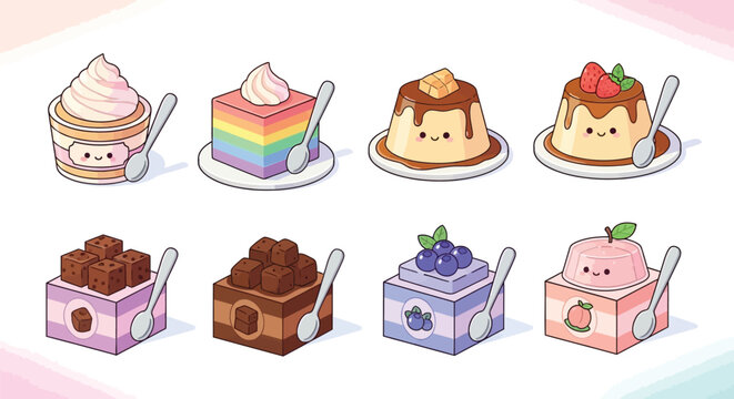 A delightful collection of eight kawaii-style desserts, featuring a variety of sweet treats with cute faces and colorful designs.