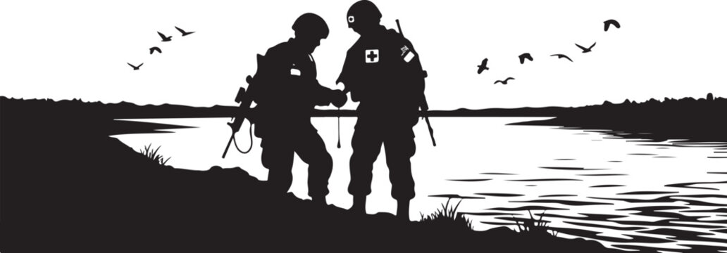 Military soldiers, army men, silhouette, black and white, vector illustration, combat gear