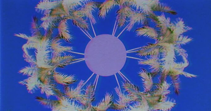 Abstract VHS glitch mandala of palm trees on deep blue background