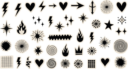 Large collection of black hand drawn doodle icons including stars hearts lightning bolts flames and geometric symbols for creative graphic vector illustration © Kanon Islam
