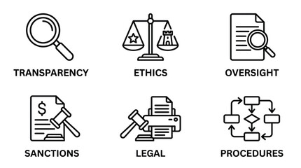 Fototapeta premium Vector graphic illustration of Set of law and justice icons with transparency, ethics, oversight, sanctions, legal and procedures Vector