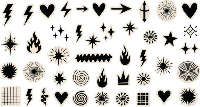 Large collection of black hand drawn doodle icons including stars hearts lightning bolts flames and geometric symbols for creative graphic vector illustration