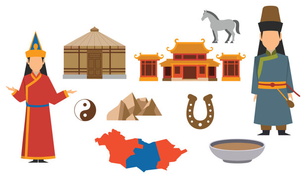 Mongolian Culture Elements: A colorful illustration showcasing diverse cultural symbols. Cultural illustration, Mongolian heritage, historic items, traditional art, national heritage.