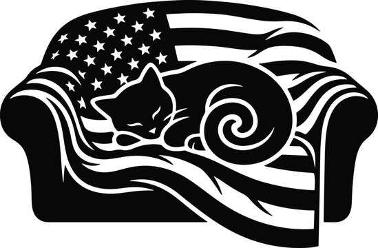 Cat napping on a sofa draped with American flag