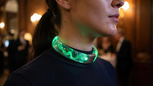 Stylish woman wearing a living choker made of translucent gel containing glowing micro-algae that react to her heart rate and body temperature.