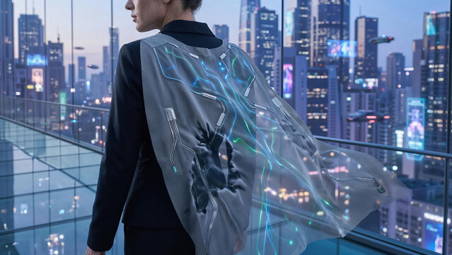 A futuristic cape that changes its transparency and shape based on carbon dioxide levels in the air, modeled in a crowded futuristic city square.