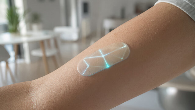 Close-up of a smart skin patch with a bioluminescent geometric pattern monitoring glucose levels on a person's forearm in a bright modern interior.