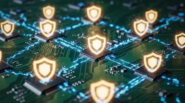 Glowing shields protect circuitry on a futuristic computer motherboard with blue neon connections.