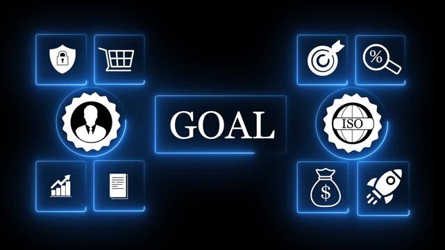 Corporate goal setting and planning strategy, visualizing future organizational objectives, performance management, and data-driven success achievement using technology.