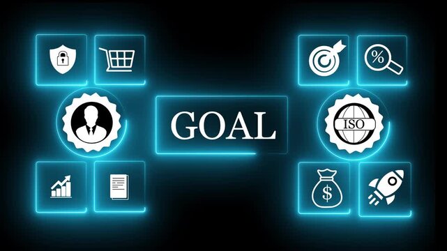 Corporate goal setting and planning strategy, visualizing future organizational objectives, performance management, and data-driven success achievement using technology.
