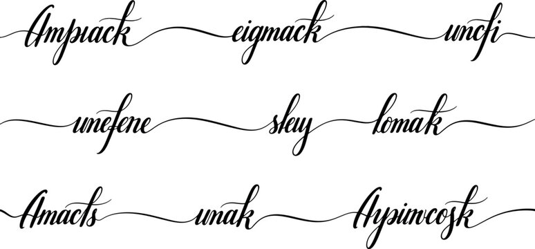 Handwritten elegant calligraphy cursive lettering collection with flowing swash flourishes and decorative script aesthetic for wedding branding or minimalist logo vector illustration