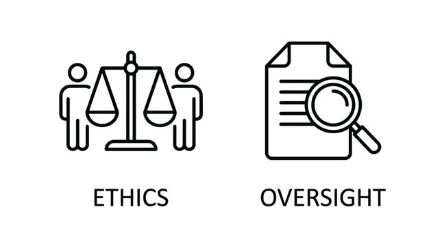Vector graphic illustration of Ethics and oversight icons with people scales and magnifying glass Vector