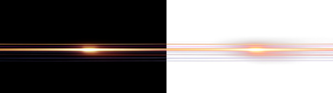 Bright light streaks isolated on transparent and black background, show movement and energy during a digital design process or visual effects creation, light overlay, PNG