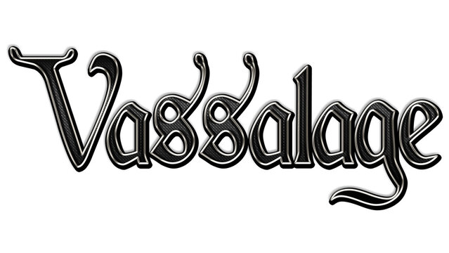 black metal 3d design of word Vassalage on white background.