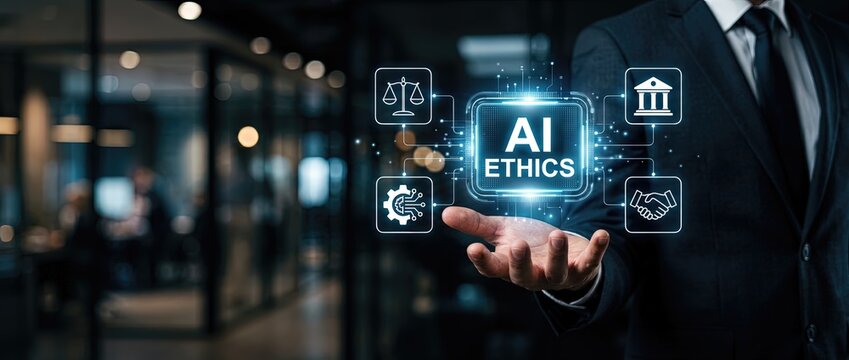 Ai ethics discussion corporate office digital visuals professional environment close-up perspective navigating ethical ai challenges
