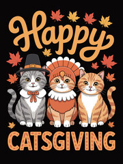 Naklejka premium Three adorable cats are dressed in festive Thanksgiving attire. They are surrounded by autumn leaves with the words 'Happy Catsgiving' above and below.