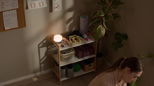 High angle shot of professional Caucasian female massage therapist performing back massage on male client in cozy treatment room with orthopedic tools on shelves and anatomy charts on walls