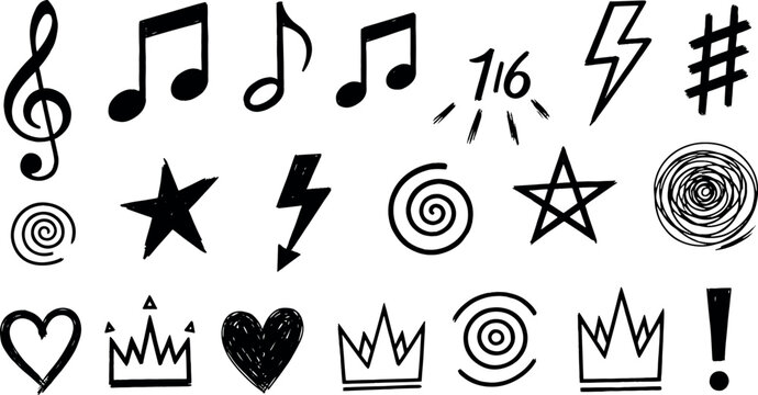 Collection of hand drawn black ink doodle icons featuring musical notes stars hearts crowns and lightning bolts for creative design vector illustration