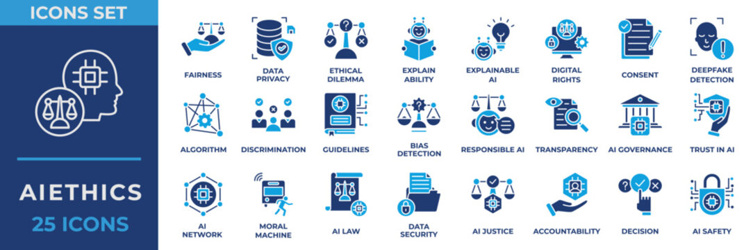 AI Ethics icon collection set. with icon algorithm, consent, discrimination, guidelines, bias detection, responsible ai and governance. Solid blue style vector illustration. 