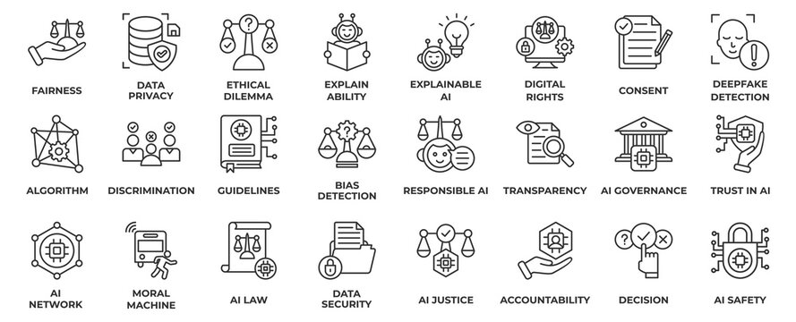 AI Ethics icon set collection in line style, an icon pack contain fairness, data privacy, ethical dilemma, explain, ability and digital right . Vector Illustration.