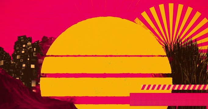 Abstract synthwave landscape with a large stylized yellow sun on a pink background