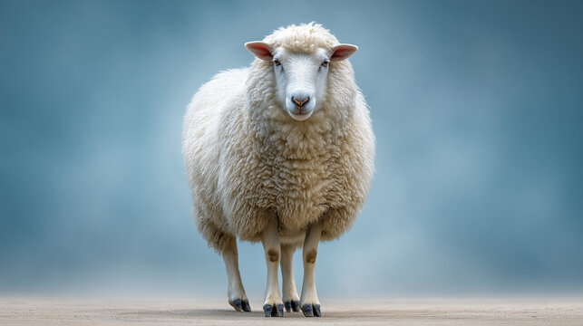 Sheep with fluffy wool on blue background, eid ul adha concept, sheep