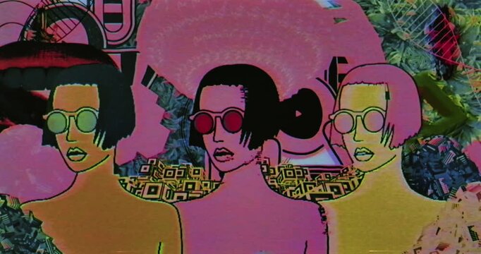 Abstract pop art collage with three stylized women in sunglasses and neon pink background