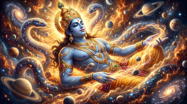 Lord Vishnu rests on the cosmic serpent while floating amidst a swirling golden nebula filled with glowing stars and distant planets.