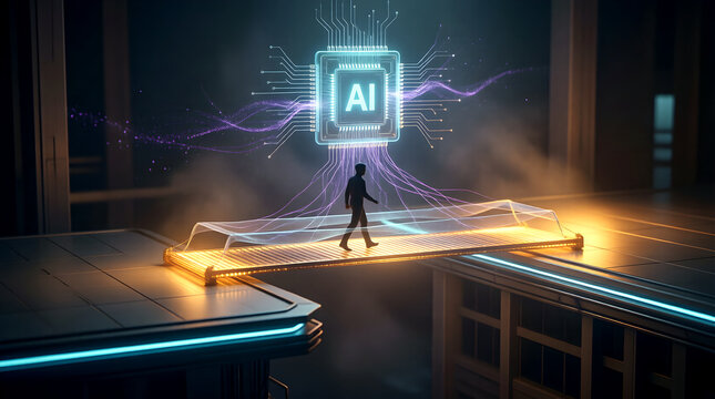 AI Second Career Worker Crossing Bridge To New Role for Career Pivot Brand
