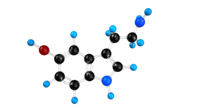 Serotonin molecule 3D render isolated on transparent background