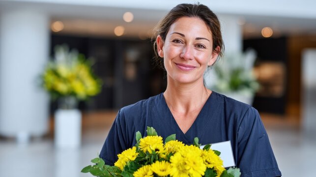 Female nurse in dark scrubs holding a bouquet of yellow flowers, smiling in a bright hospital lobby with floral arrangements in the background