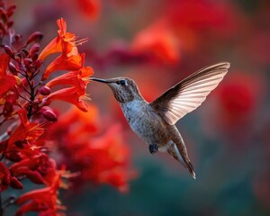 Obraz premium A dynamic shot of a hummingbird hovering in mid-air, its wings a beautiful blur, as it drinks nectar from a vibrant red flower.