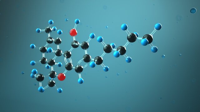 Tetrahydrocannabinol THC molecular structure in fluid 3D illustration