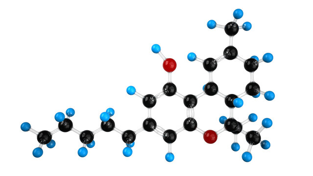 3D illustration of THC (tetrahydrocannabinol) molecular structure isolated on transparent background