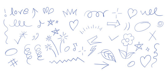 Obraz premium Set of handdrawn doodle elements, including hearts, stars, arrows, flowers, and decorative swirls isolated on white background