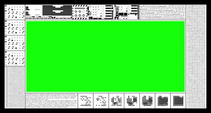 Sci-fi digital computer screen with technical text data and green screen placeholder