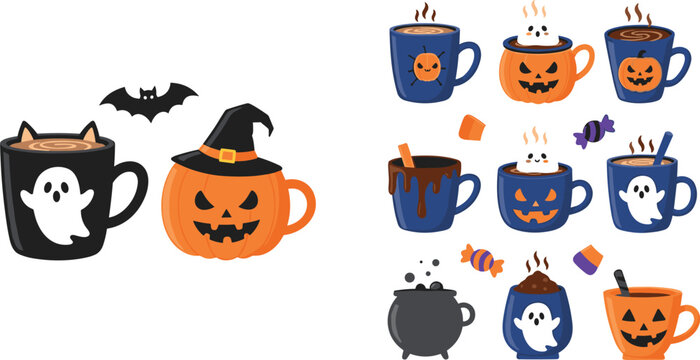 Halloween Coffee Mug Set with Pumpkin Ghost Witch Hat and Spooky Elements Cartoon Illustration for Holiday Drinks Design Isolated on White Background
