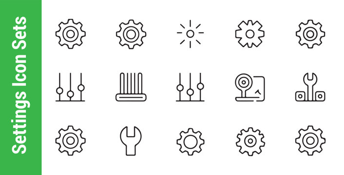 Minimalistic setting and control line icon set with gear wrench slider and adjust options on transparent grid.