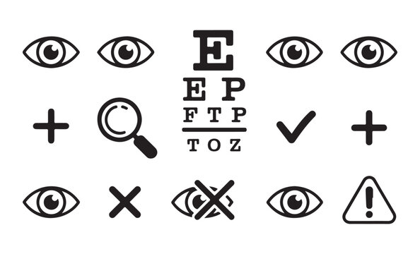 Optometry eye chart symbols including eyes plus signs magnifying glass checkmark cross for vision test.