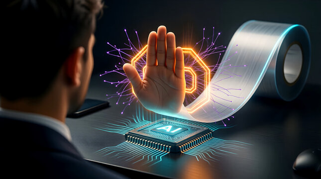 AI Human Override Worker Hand Stopping AI Output for AI Oversight Pitch
