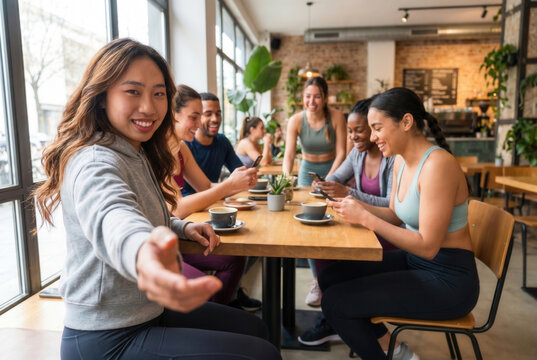 Diverse group of smiling friends wearing activewear relaxing and networking in a modern cafe