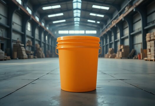 Bright orange plastic bucket sitting on the concrete floor inside a large industrial warehouse building. 5 gallon bucket